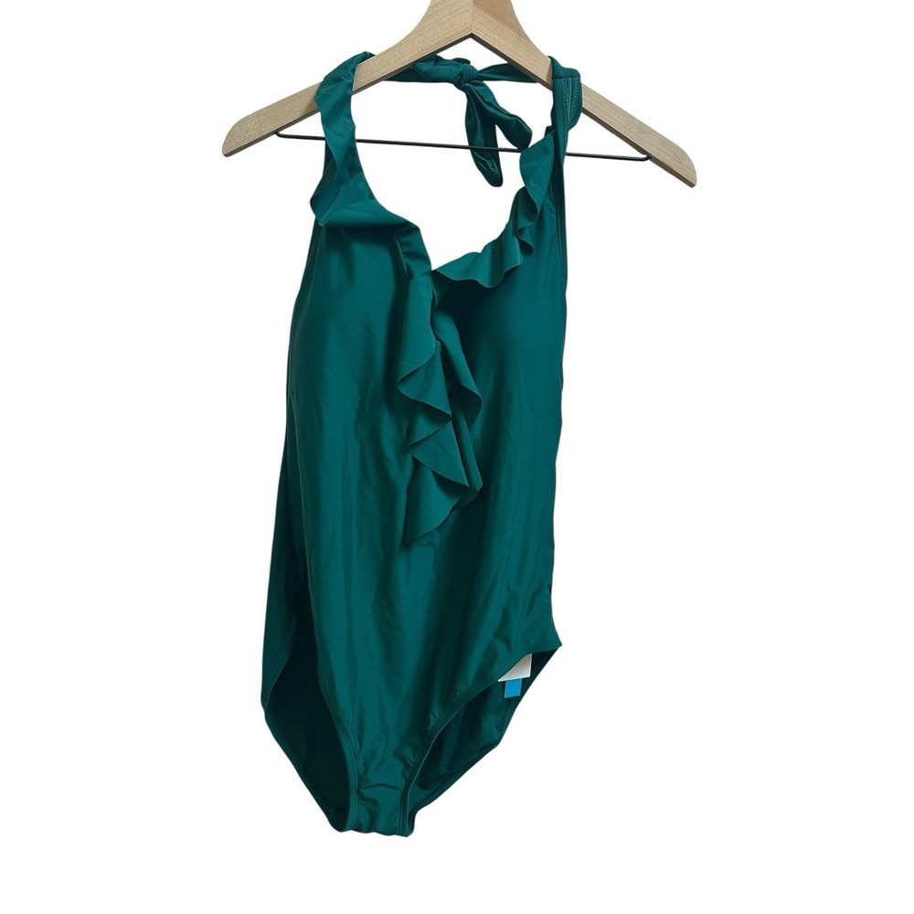 Bleu Rod Beattie One Piece Swimsuit Ruffled Plunge Neck Halter Sz 14 NEW Green - Picture 2 of 7